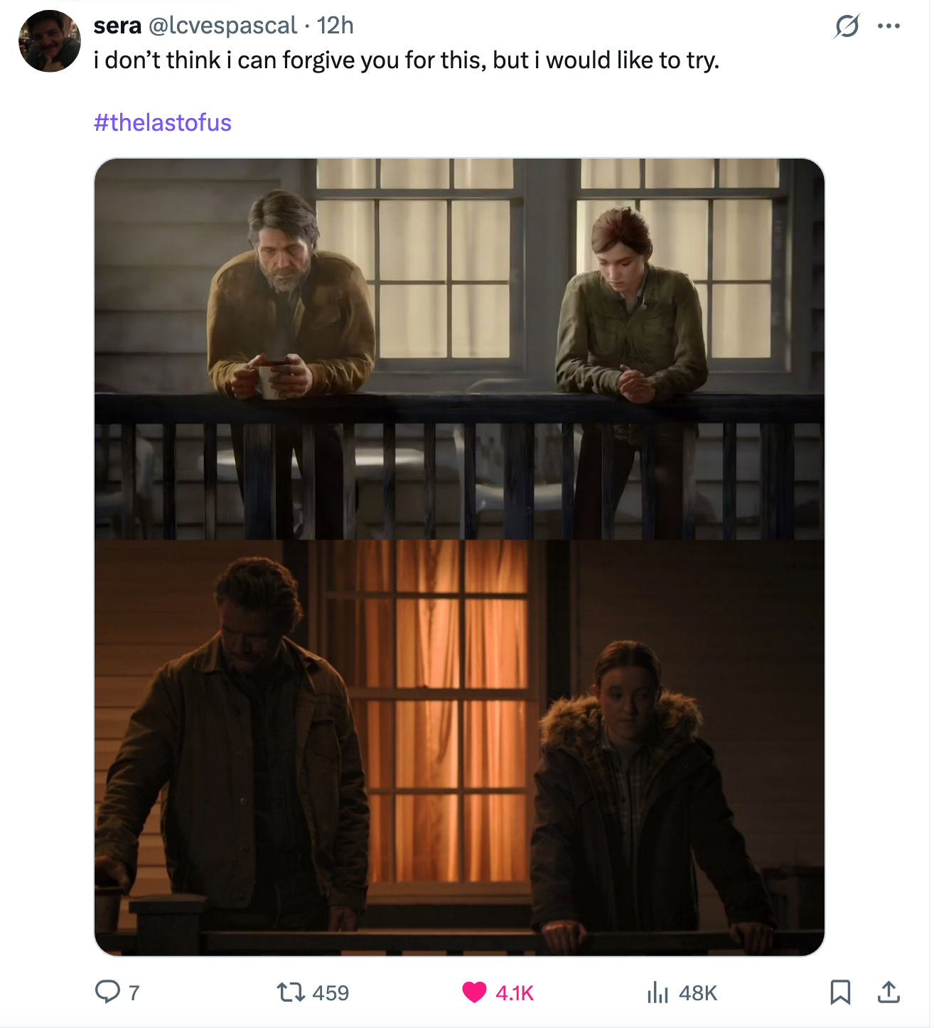 Side-by-side of Joel and Ellie during the porch scene in the game vs. show