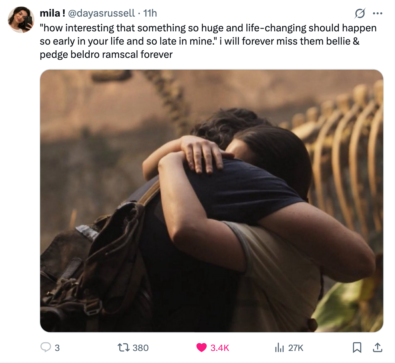 Pedro and Bella embracing behind the scenes, with the caption, &quot;How interesting that something so huge and life-changing should happen so early in your life and so late in mine&quot;