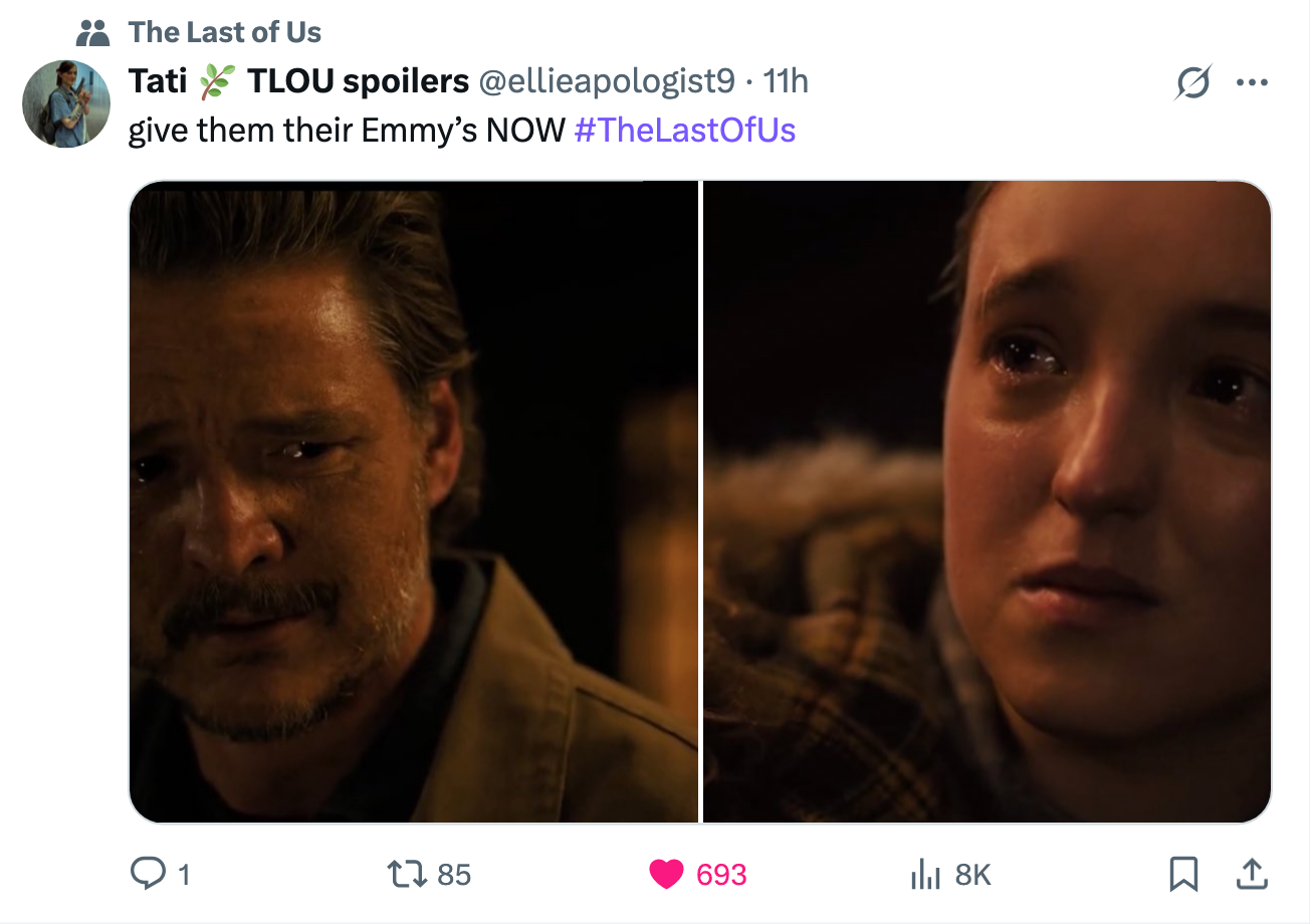 Joel and Ellie crying with the caption, &quot;Give them their Emmy's now&quot;
