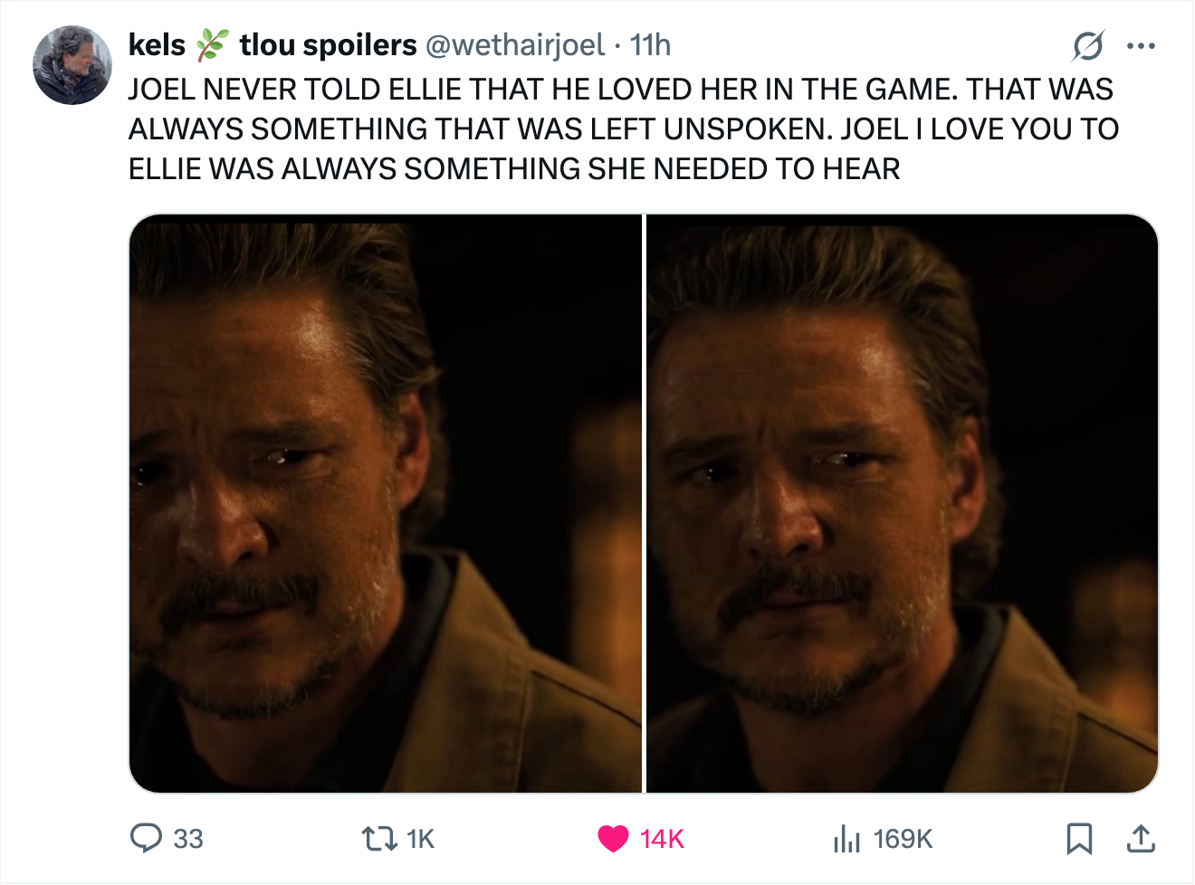 A split image of Joel crying with a caption talking about how Joel never told Ellie he loved her in the game