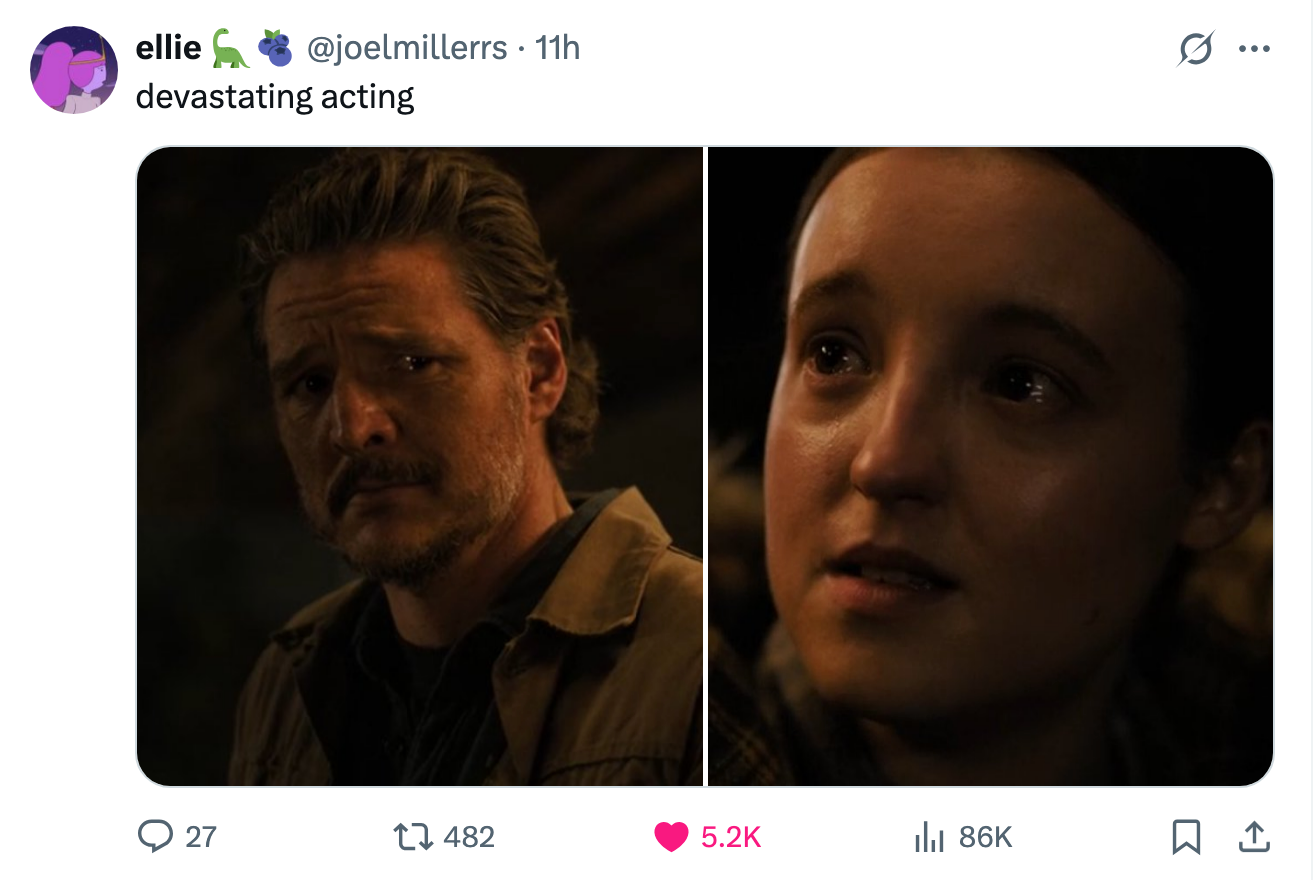 Pedro and Bella crying during the porch scene with the caption, &quot;Devastating acting&quot;