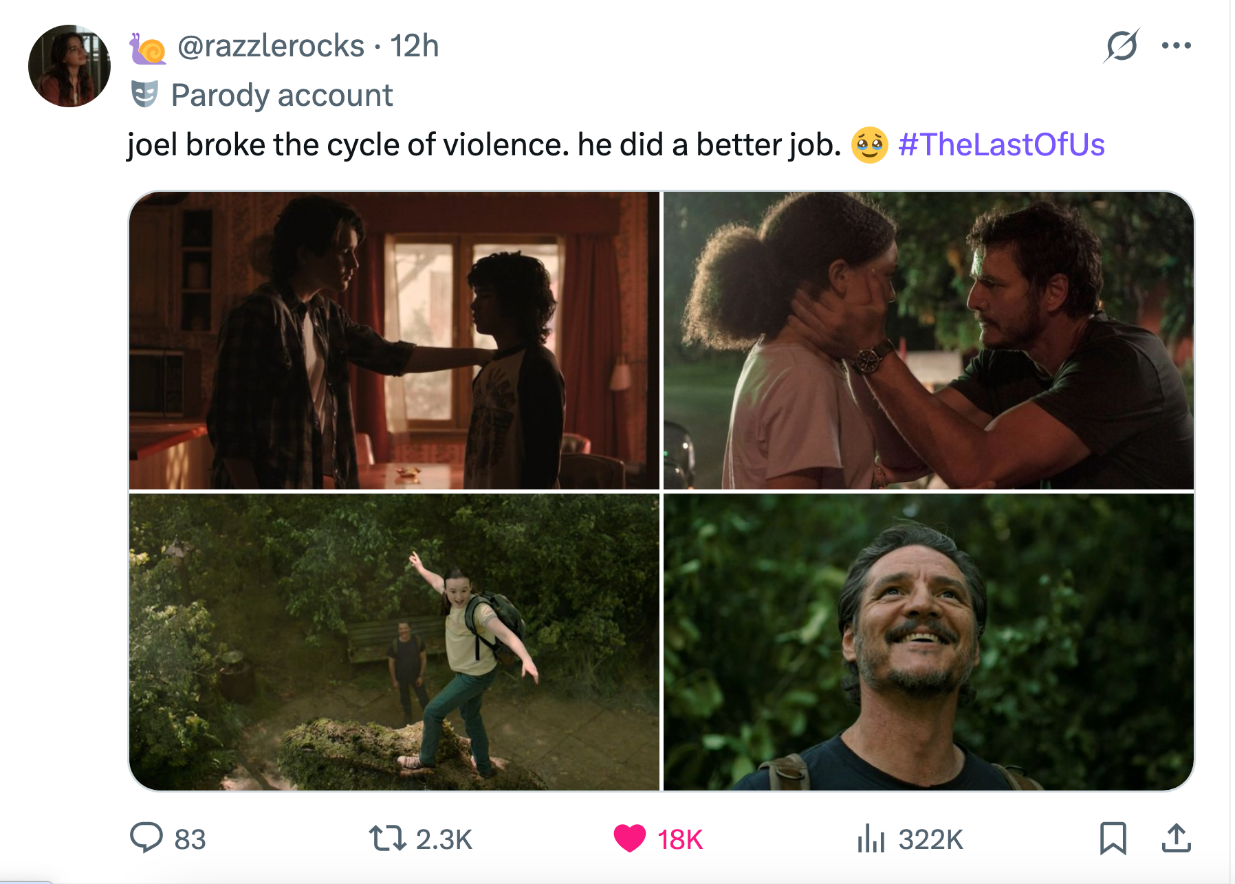 Four scenes of Joel with young Tommy, Sarah, and Ellie with the caption, &quot;Joel broke the cycle of violence. He did a better job&quot;