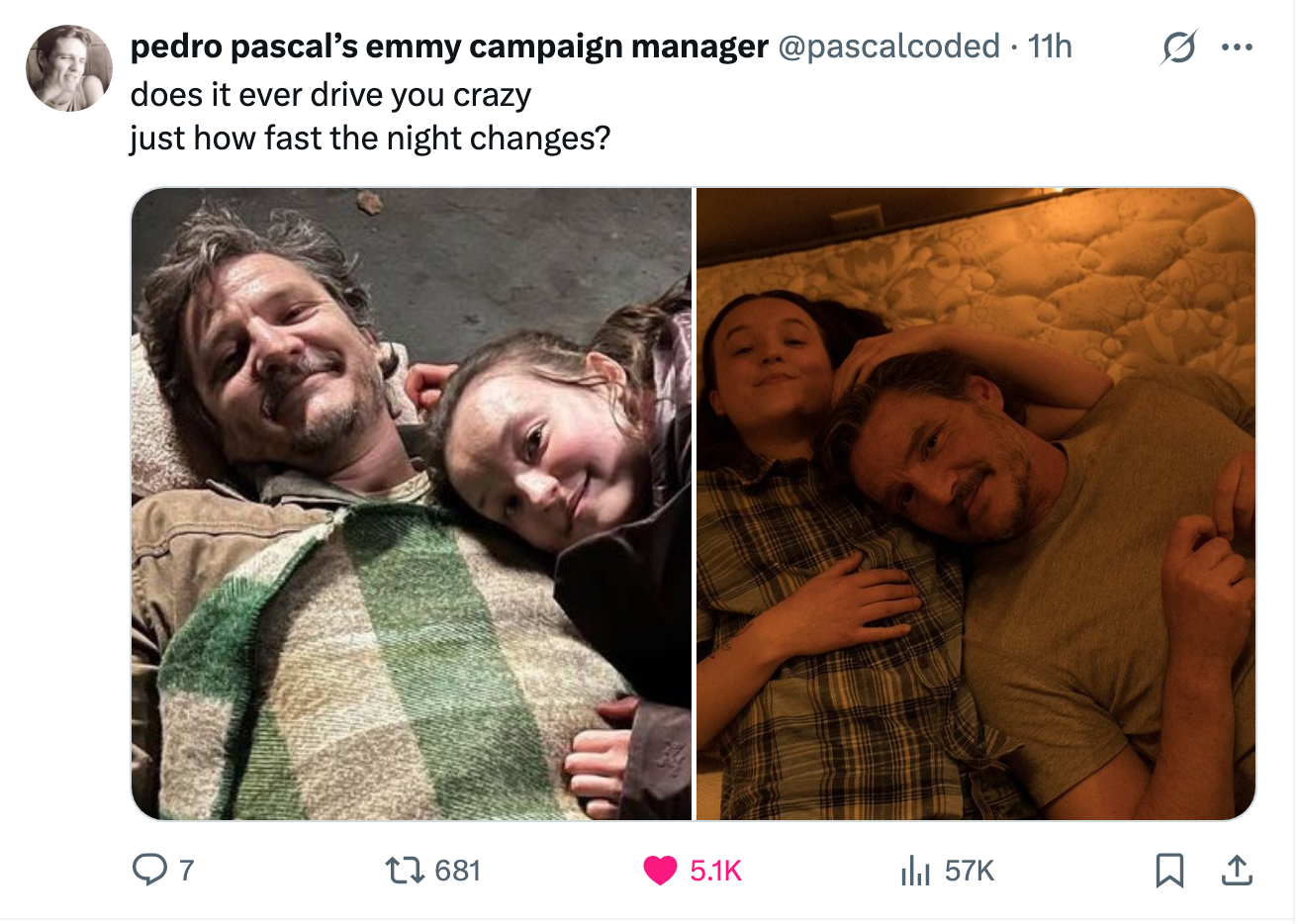 Side-by-side of Bella laying on Pedro in Season 1 vs. Pedro laying on Bella in Season 2