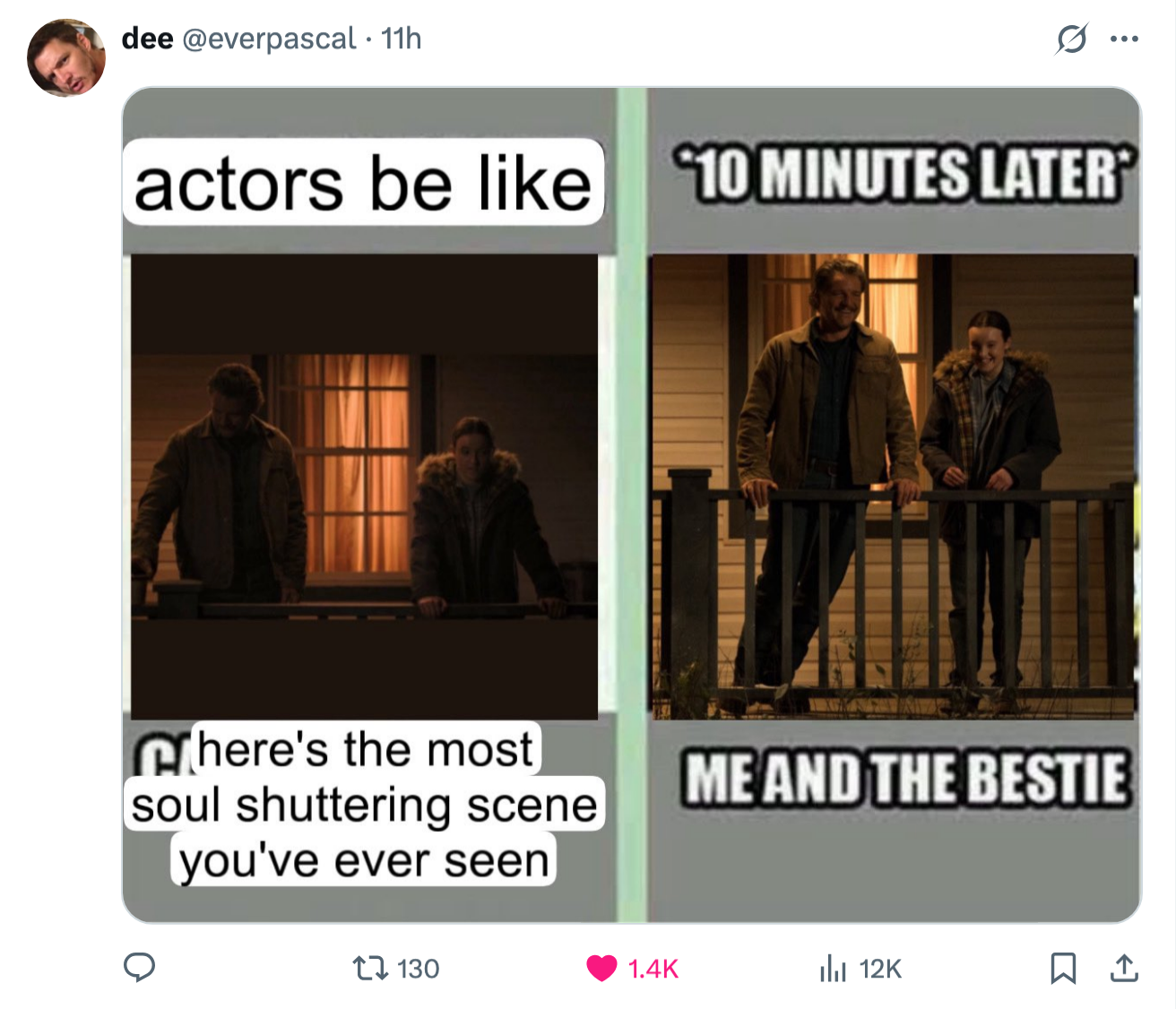 Joel and Ellie in a scene with Pedro and Bella laughing behind the scenes, with the caption talking about actors delivering a devastating scene and then laughing