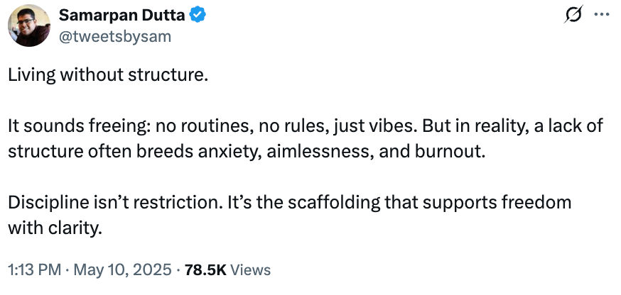 Tweet by Samarpan Dutta astir  the narration   betwixt  operation   and freedom, highlighting however  operation   provides clarity and prevents burnout