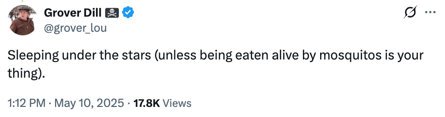  "Sleeping nether  the stars (unless being eaten live  by mosquitos is your thing)."