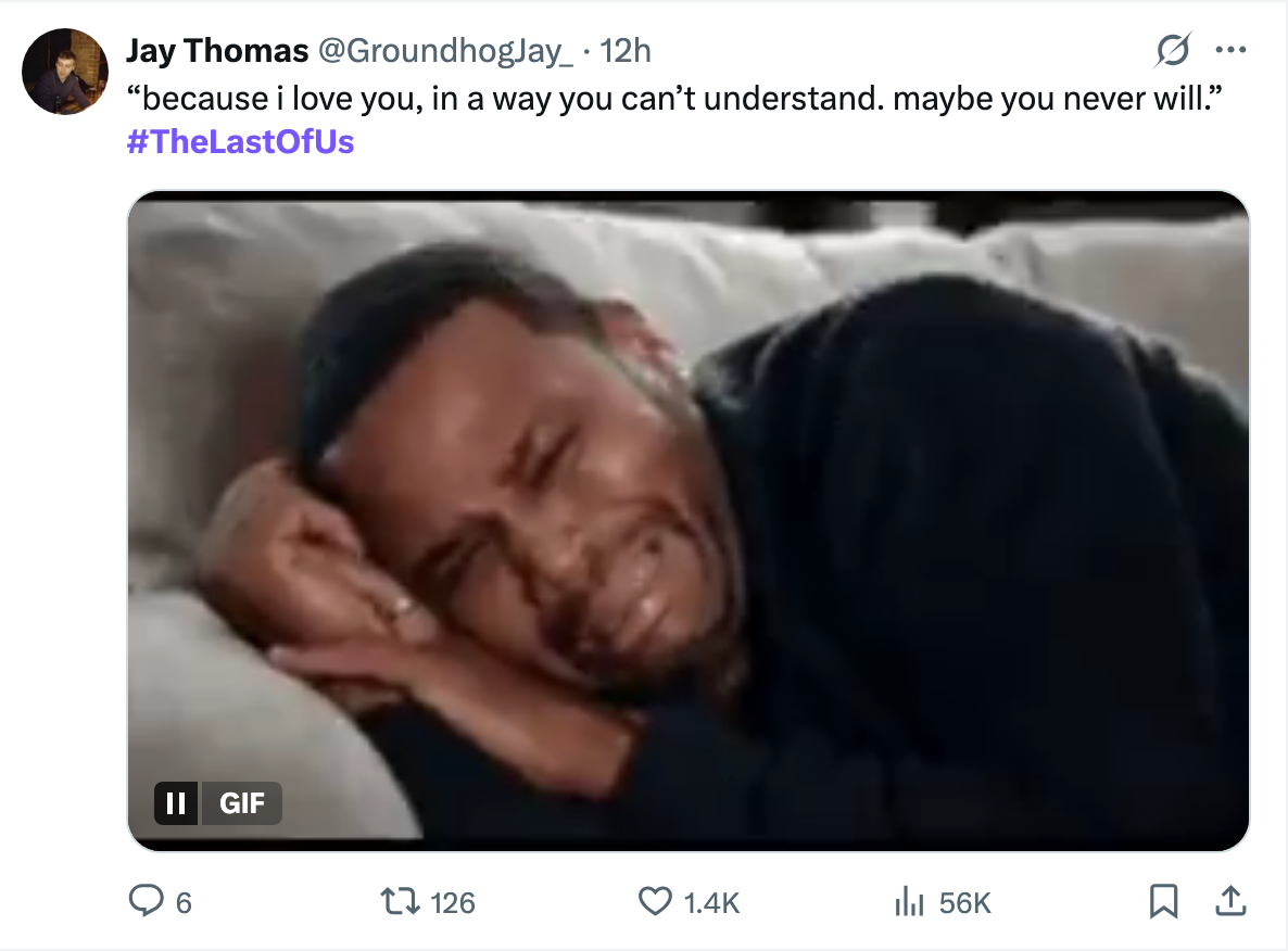 Person lying on a couch, crying emotionally. Text above: &quot;because I love you, in a way you can’t understand. maybe you never will.&quot; #TheLastOfUs