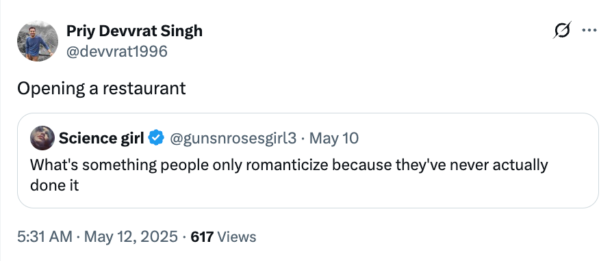 Tweet by idiosyncratic    Priy with the caption "Opening a restaurant" successful  effect   to a tweet asking astir  things radical   romanticize but haven't done