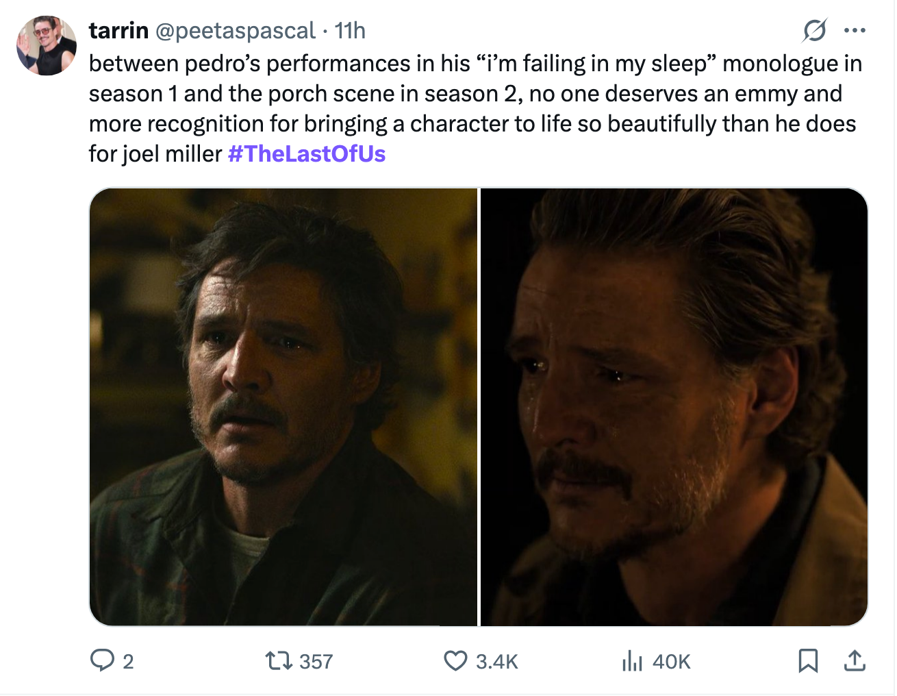 Split image of Pedro in dramatic scenes from &quot;The Last of Us,&quot; with tweet praising his Emmy-worthy performances in the show