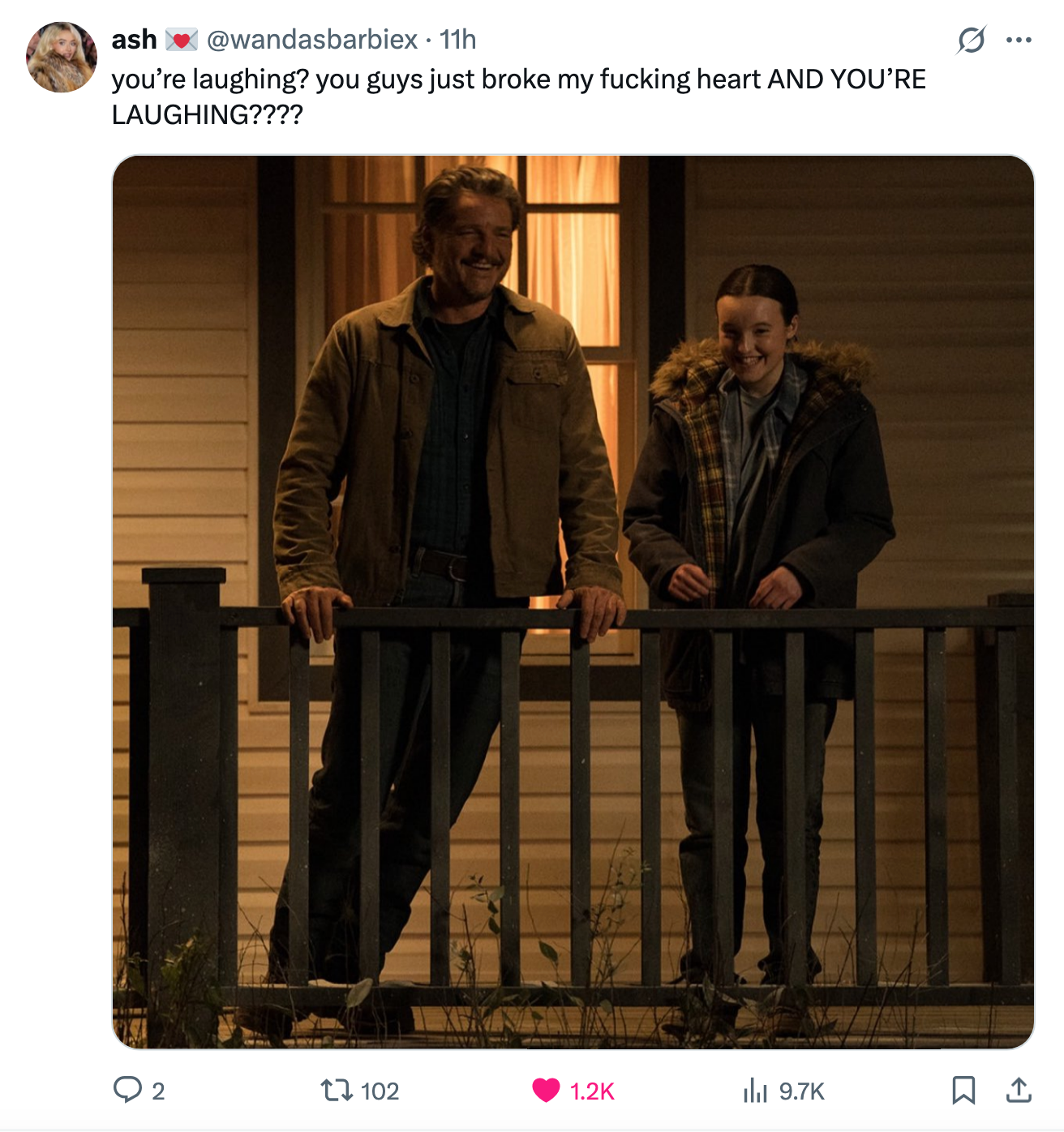 Pedro and Bella laughing on a porch, with a tweet reading, &quot;You're laughing? You guys just broke my fucking heart and you're laughing?&quot;