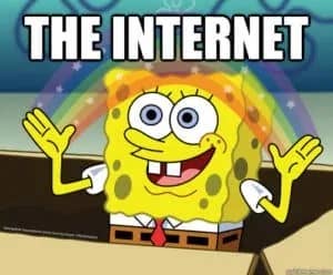 SpongeBob SquarePants joyfully pops retired of a container with arms raised, beneath the words "The Internet," conveying excitement and humor