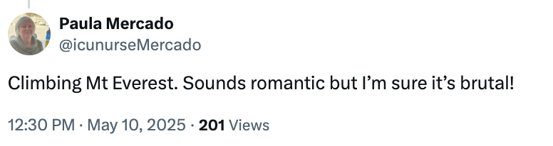  "Climbing Mt Everest. Sounds romanticist  but I’m definite   it’s brutal!" 201 views, dated May 10, 2025
