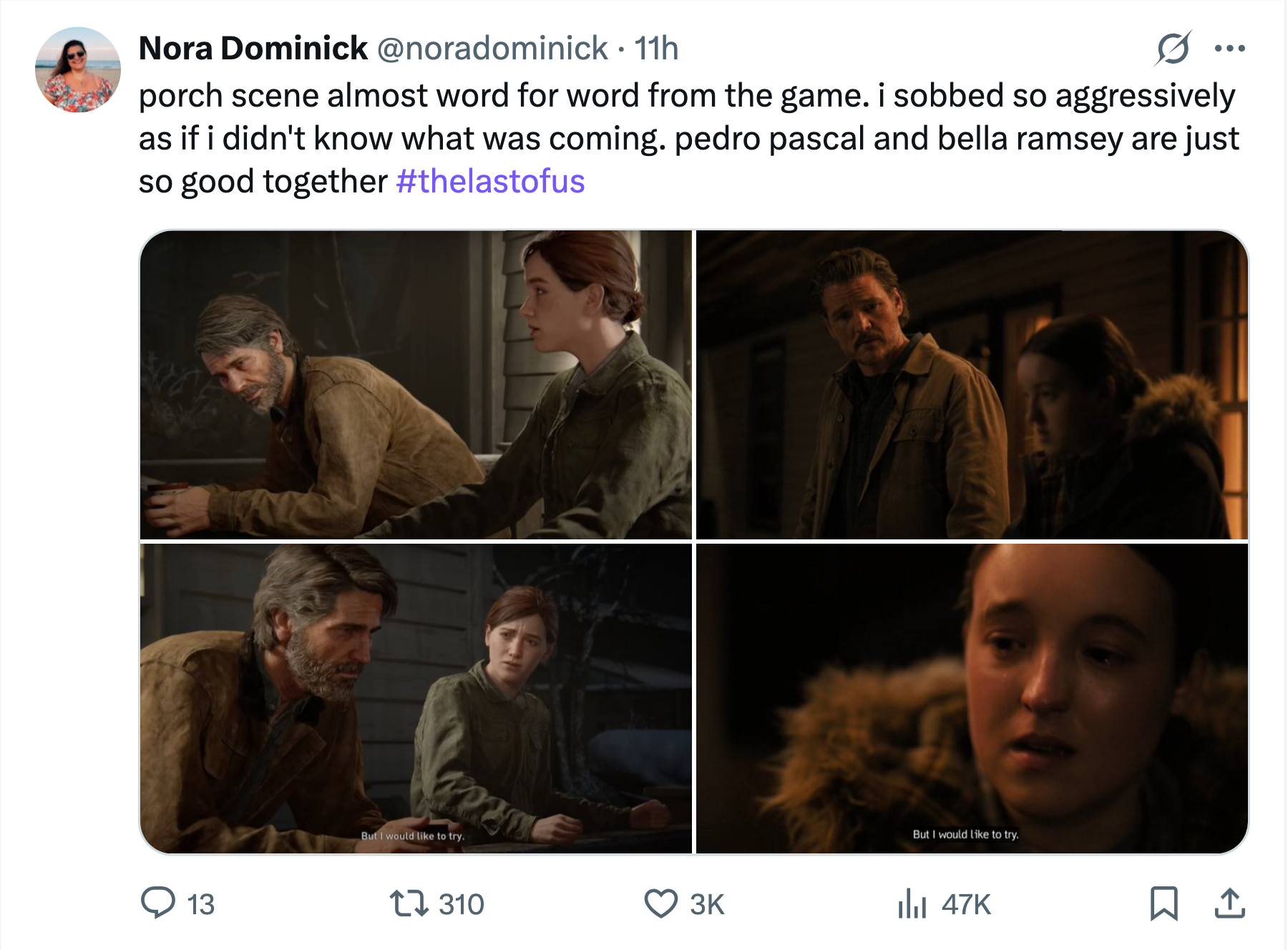 Side-by-side of the porch scene from the game vs. the show with the caption talking about how good Pedro and Bella are together