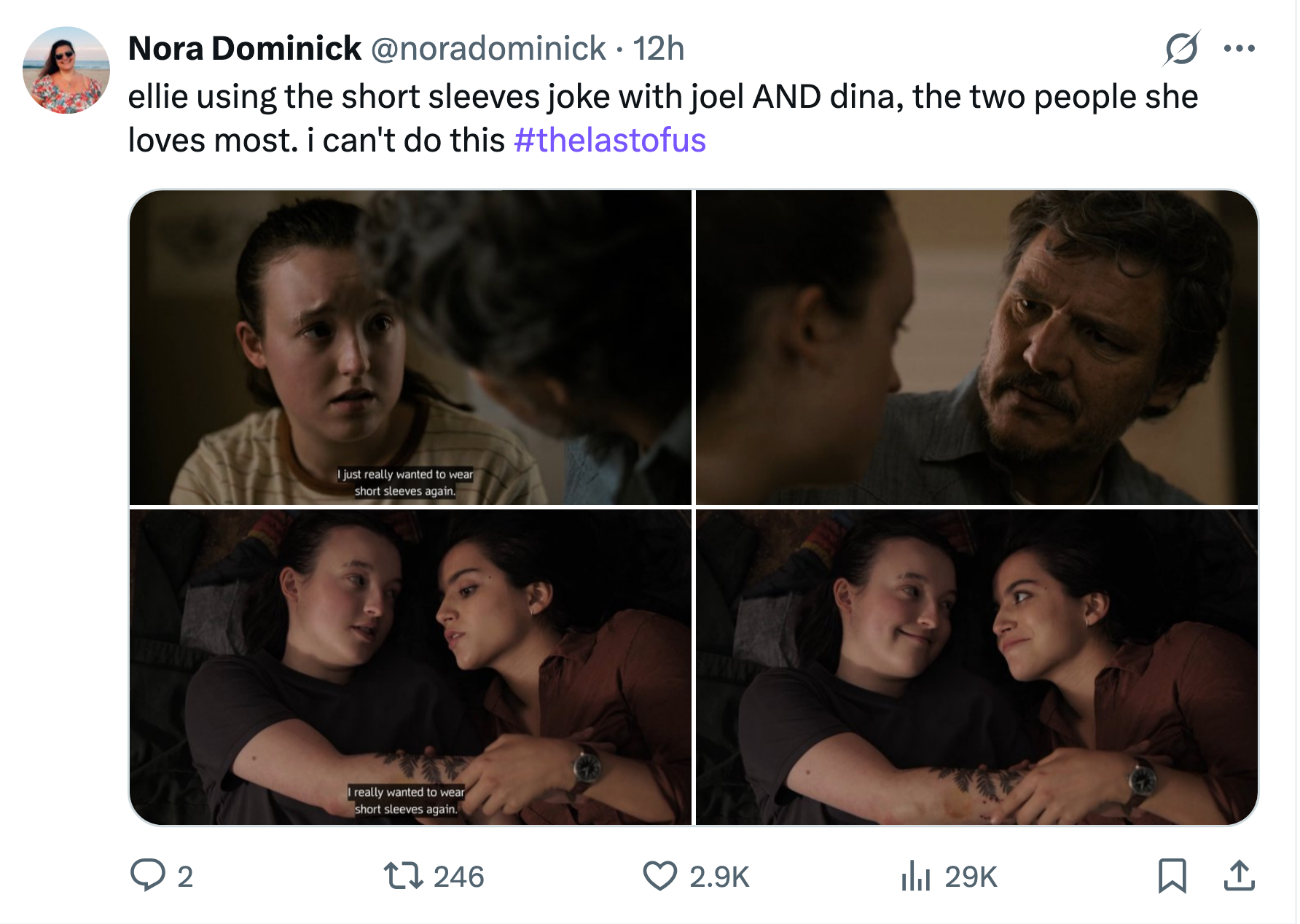 Side-by-side of Ellie telling Joel she wants to wear short sleeves vs. her telling Dina