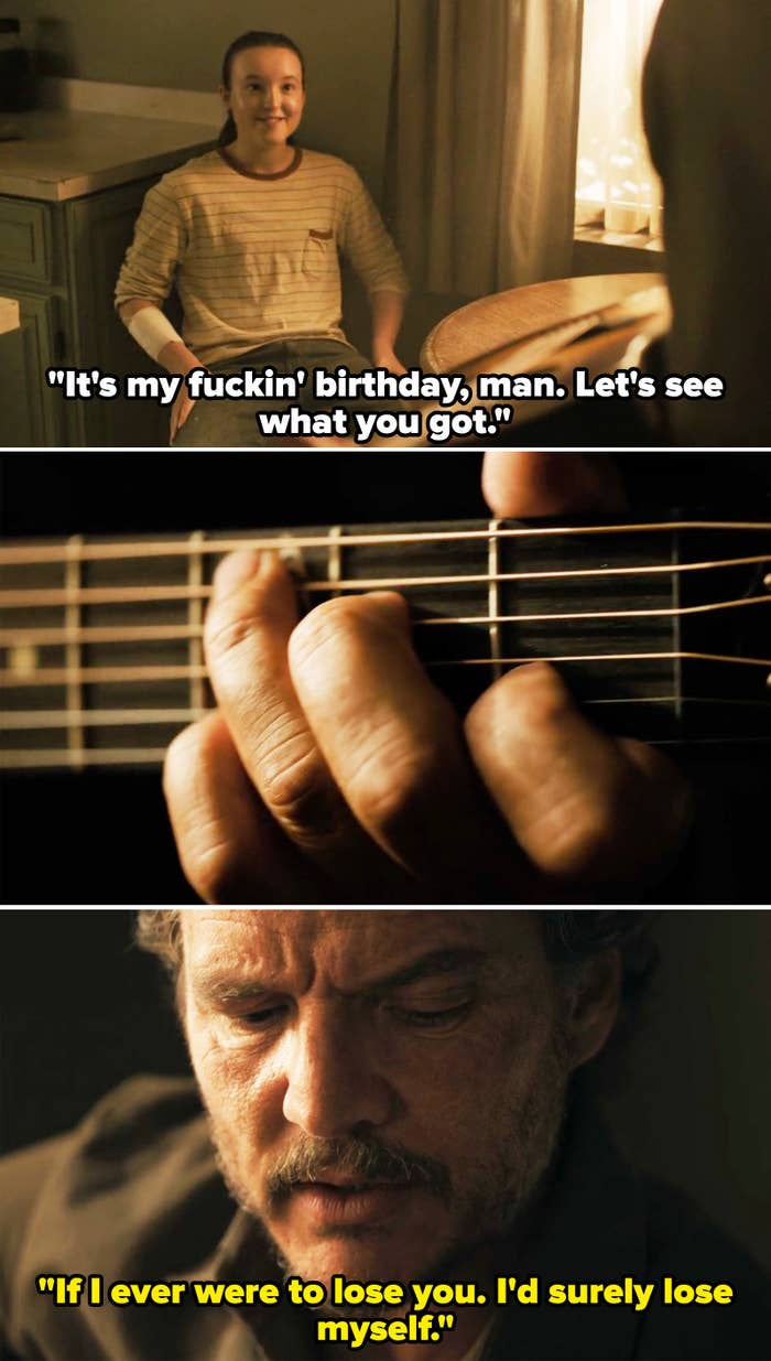 Ellie asking Joel to play the guitar and sing, and he does