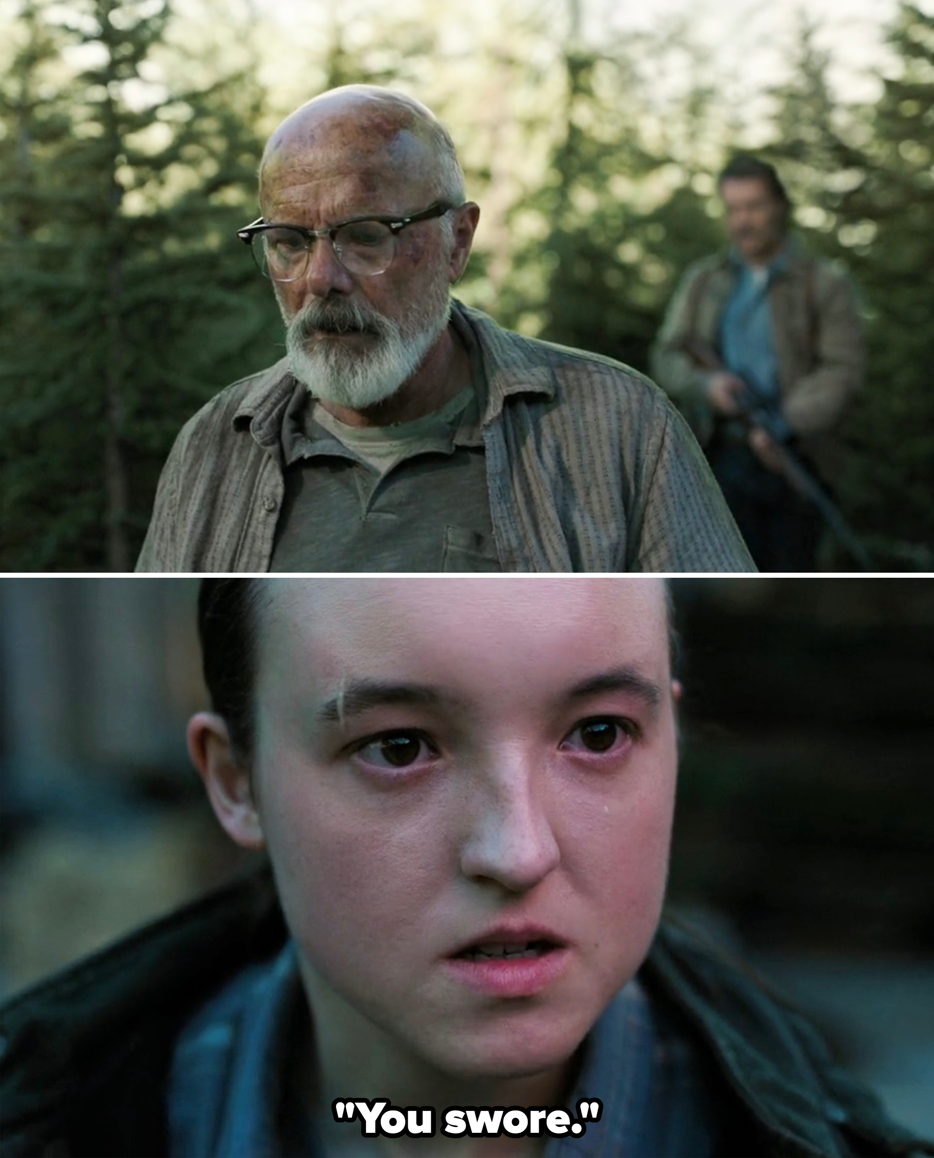 Joel standing behind Eugene, and Ellie, very angrily, saying, &quot;You swore&quot;