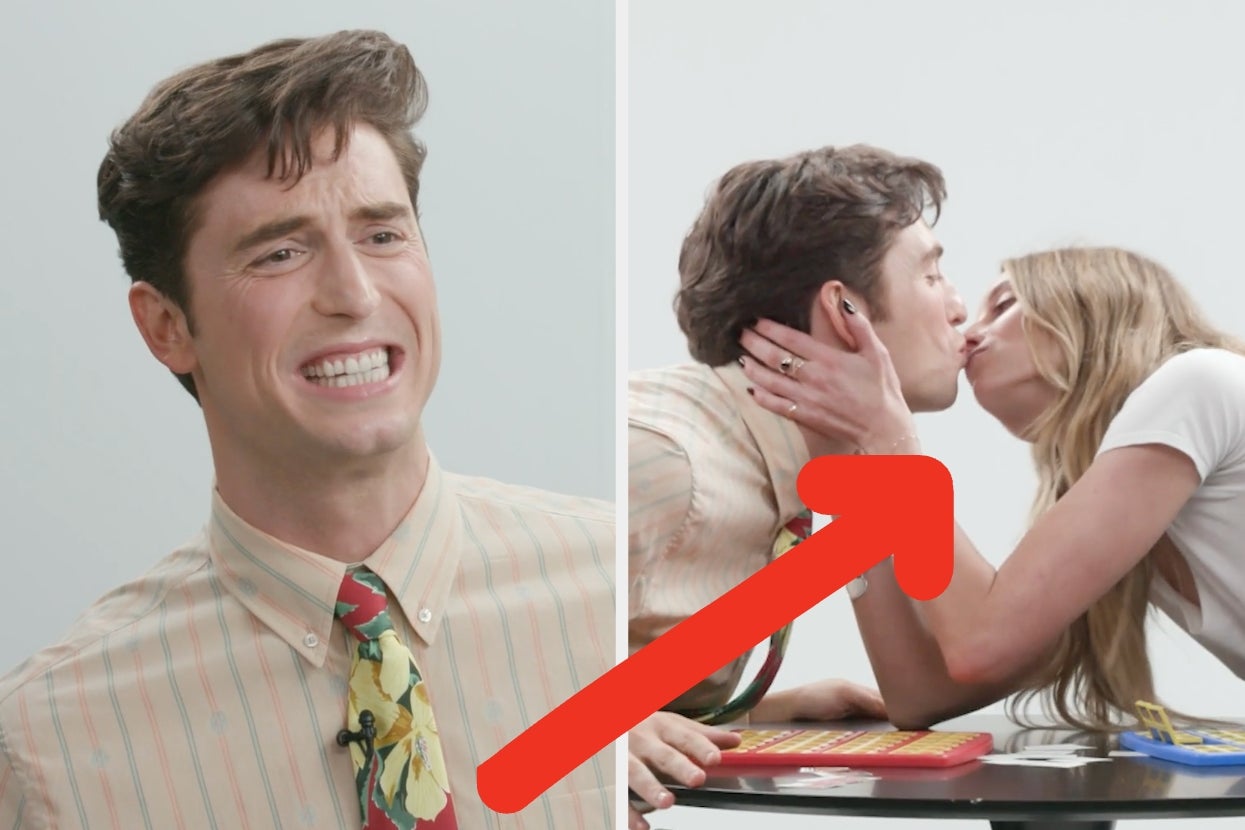 "Overcompensating" Stars Benito Skinner And Mary Beth Barone Kiss While Playing Celebrity Guess Who