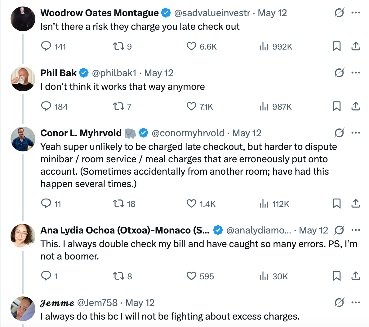 Social media screenshot with five users discussing hotel mini-bar and room service charge errors and how to dispute them