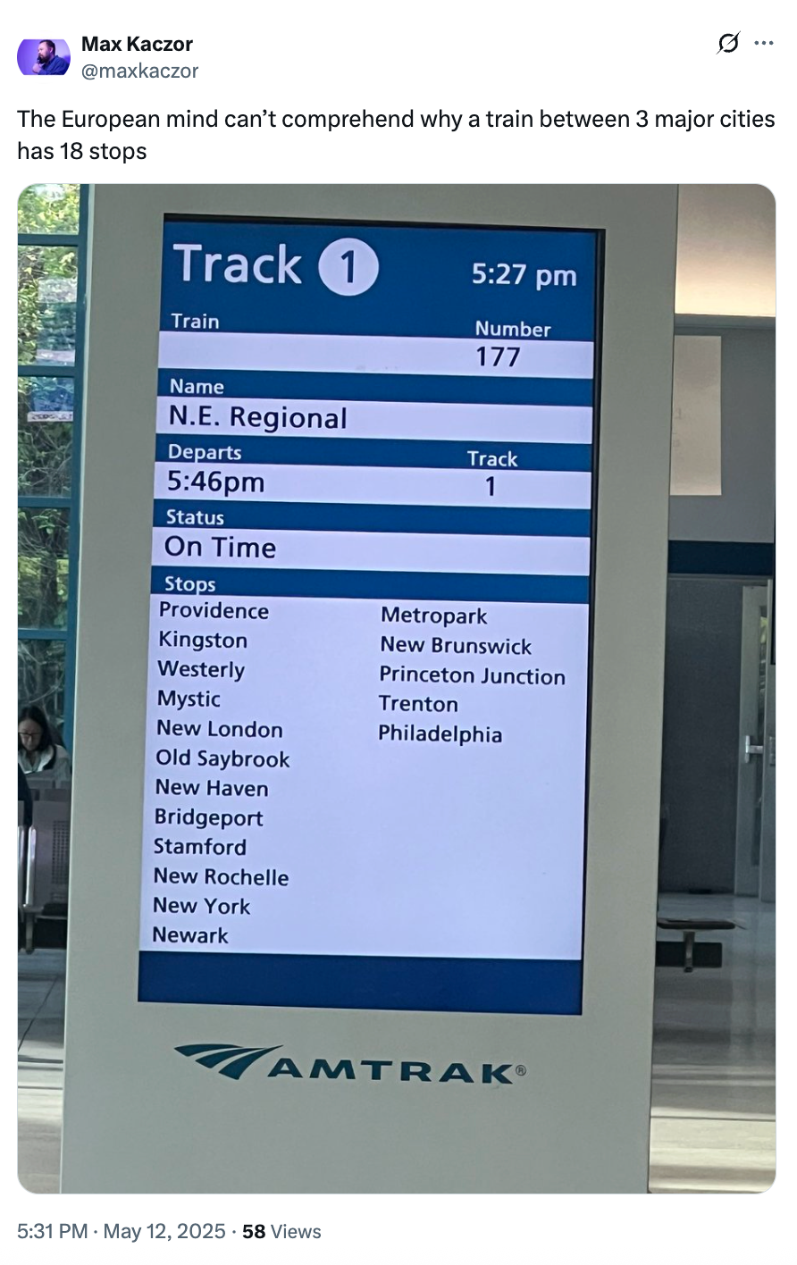 Train schedule screen showing Amtrak's NE Regional service from Boston to Newark with 18 stops listed, including Providence and New York