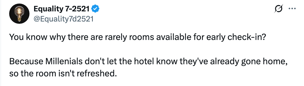 Tweet humorously suggests that Millennials often don't inform hotels they've left, resulting in unavailable rooms for early check-in
