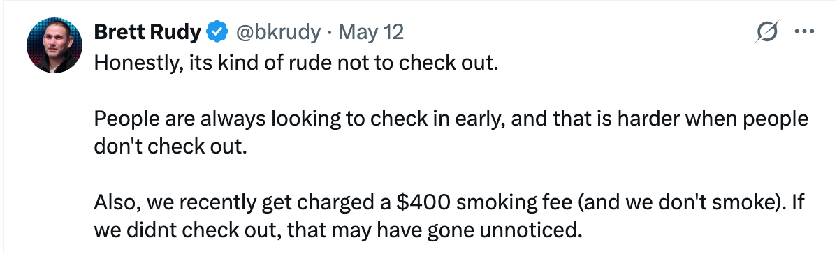 Tweet by Brett Rudy discussing the importance of hotel checkout and mentioning a $400 smoking fee charged despite not smoking