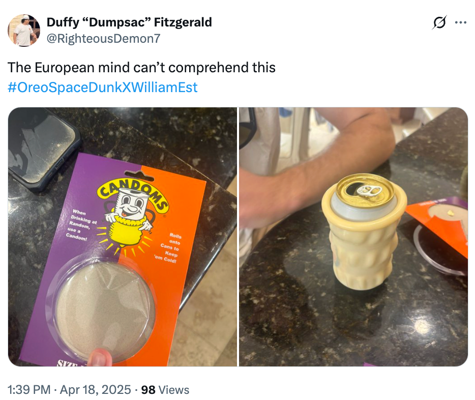 Two-part image: Left shows a CanDooms dripper pack; right shows a cup with an Oreo can on top. Caption suggests European confusion
