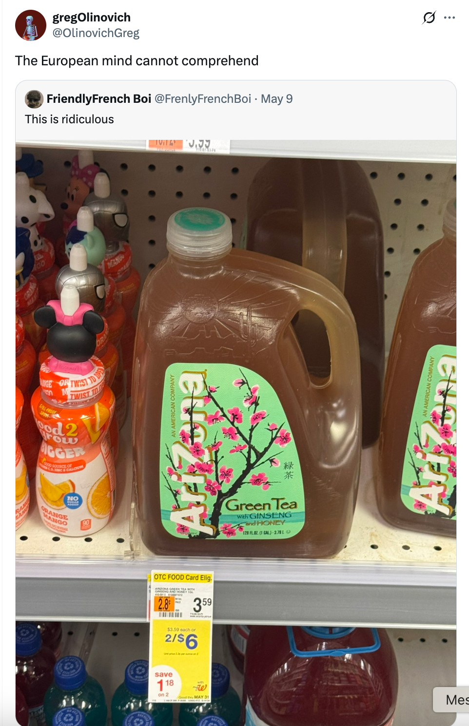 A large jug of green tea labeled "Arizona," priced at $3.59. A Twitter post above comments on the unusual size