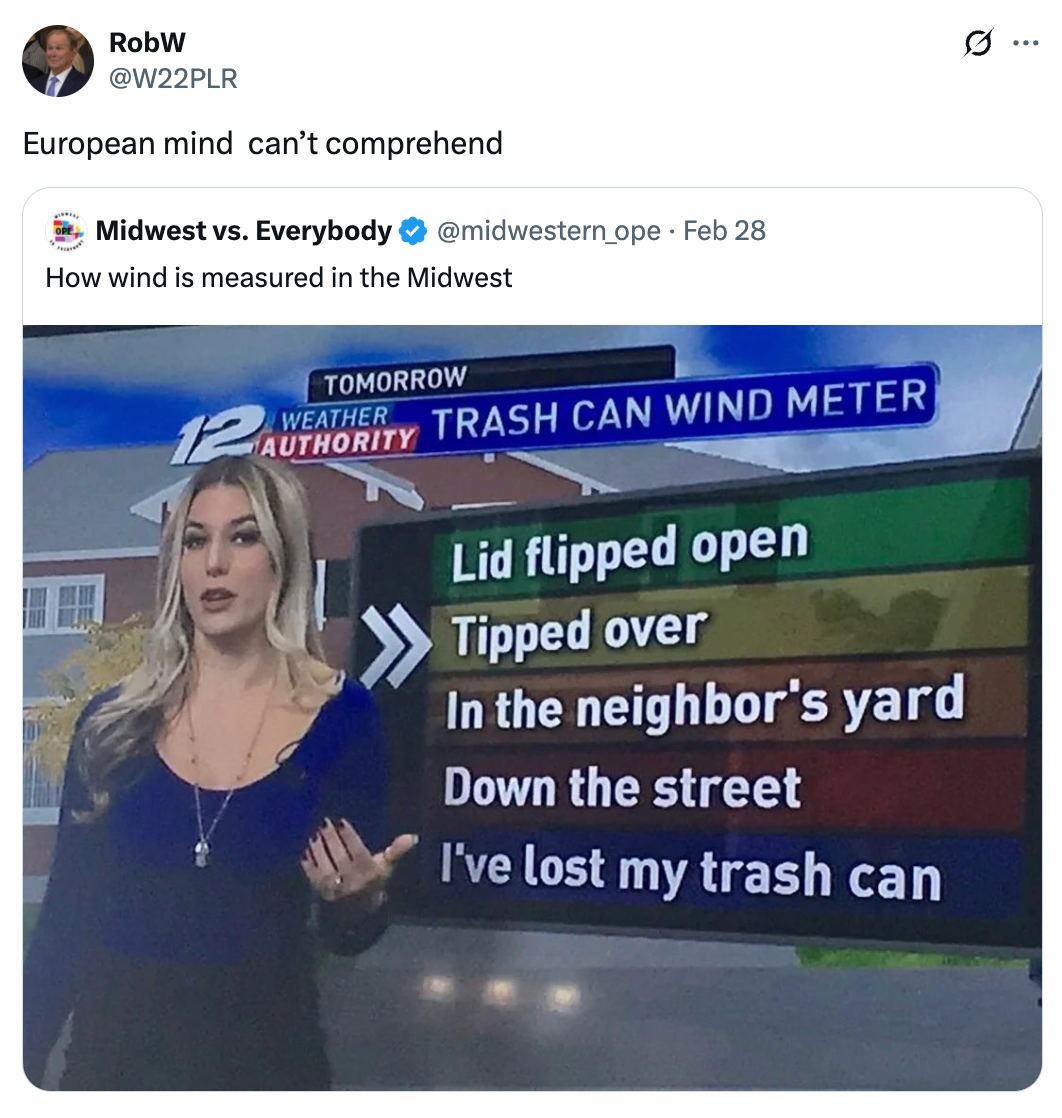 News broadcast screenshot showing a woman next to a "Trash Can Wind Meter" graphic with humorous wind strength descriptions