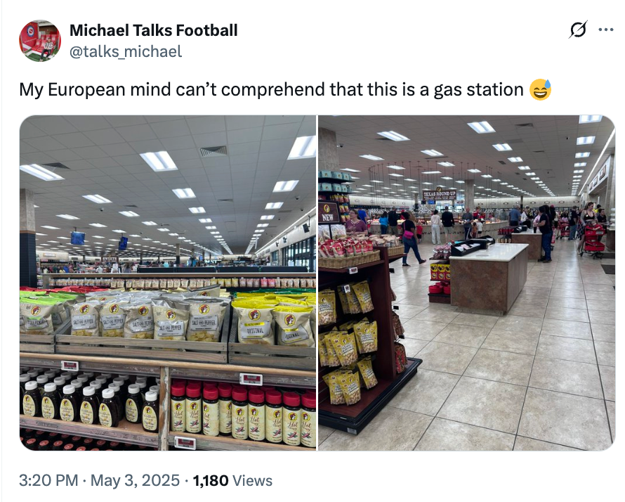 A tweet shows a large, spacious gas station with diverse products, including snacks and drinks. The user expresses surprise at its size