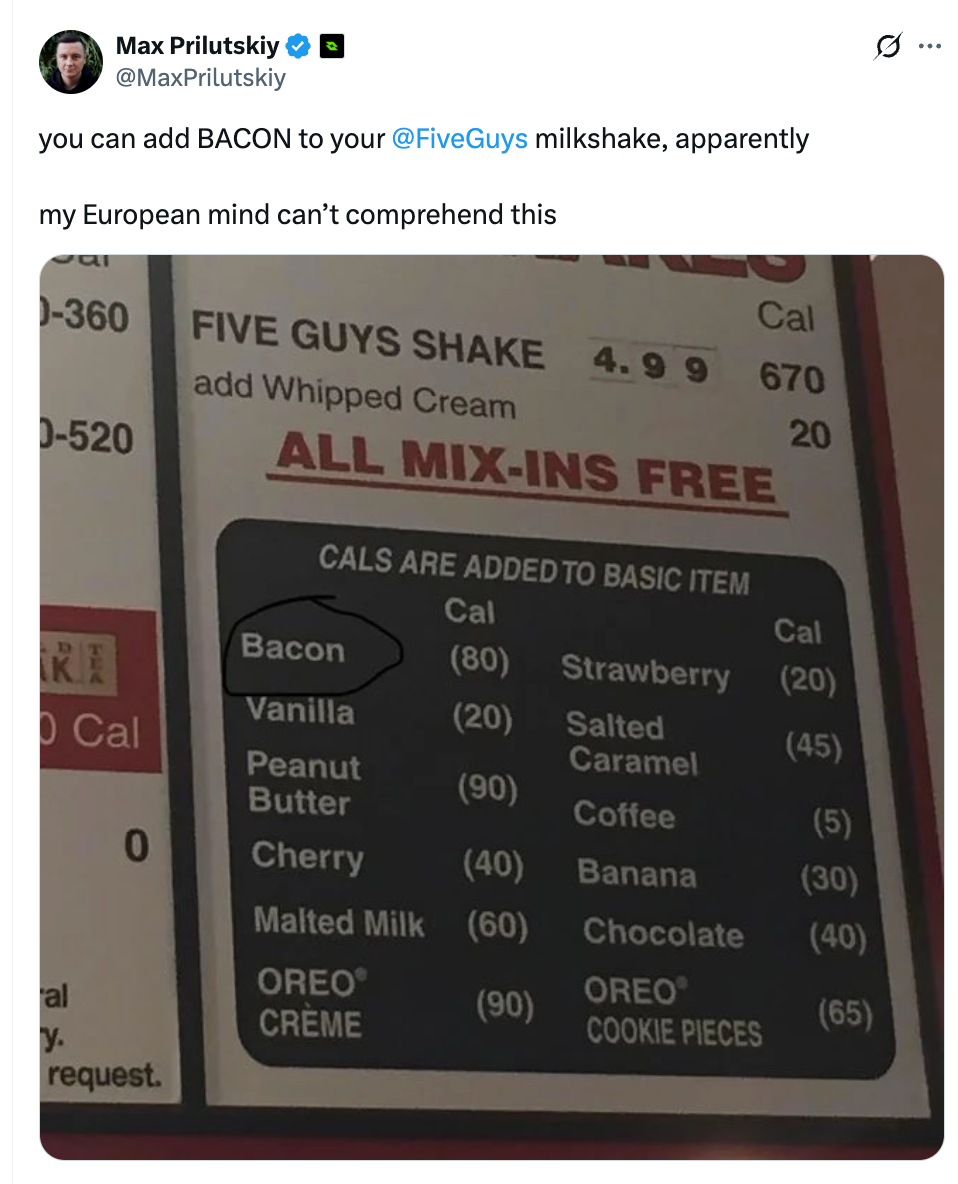 Tweet about adding bacon to Five Guys milkshake with a menu showing calorie counts for various mix-ins