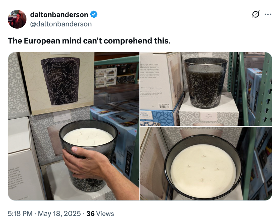 Image of a viral tweet showing a large black candle with a complex design and multiple wicks. Text says: "The European mind can't comprehend this."