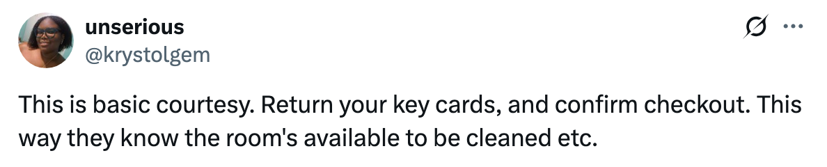 Tweet advising travelers to return key cards and confirm checkout, ensuring rooms are marked ready for cleaning