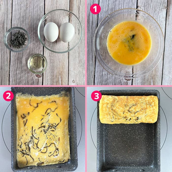 塩昆布入り卵焼きを作る3ステップの手順。卵、塩昆布を混ぜて焼き、巻いて完成。