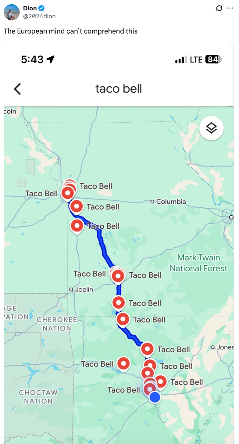 Map showing many Taco Bell locations along a marked route through the Midwest USA, with a humorous caption about European perception