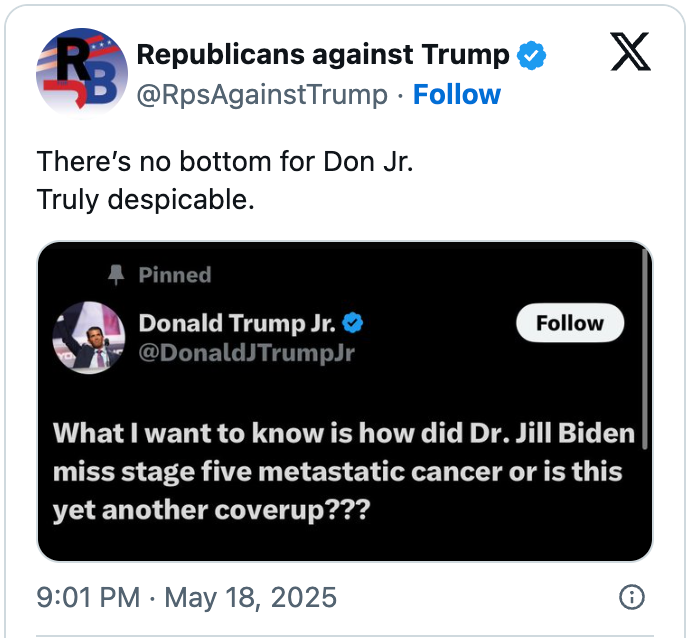 Tweet by Republicans Against Trump criticizing Donald Trump Jr. for questioning Dr. Jill Biden's cancer diagnosis and implying a coverup