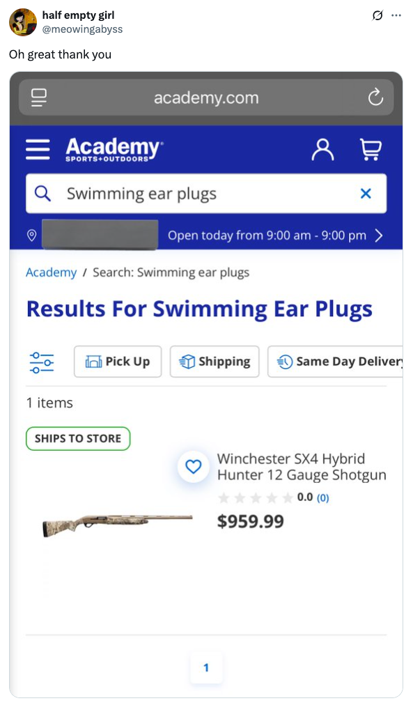 Search results for "swimming ear plugs" show a shotgun priced at $959.99 instead of ear plugs