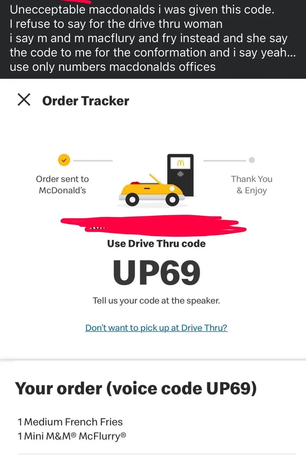 McDonald's order tracker screenshot showing a drive-thru order with medium fries and a Mini M&M McFlurry using code UP69