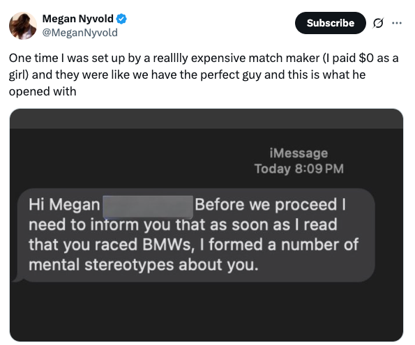 Tweet from Megan Nyvold about being set up by a matchmaker; text from the match stereotypes Megan for racing BMWs