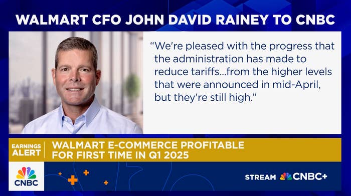 Image of Walmart CFO announcing e-commerce to be profitable by Q1 2025, with a quote on tariff reductions