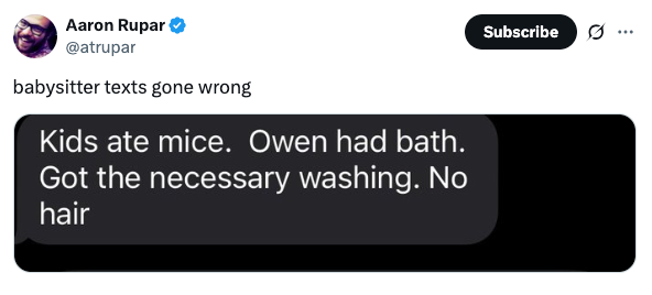 Screenshot of a tweet by Aaron Rupar showing humorous text messages