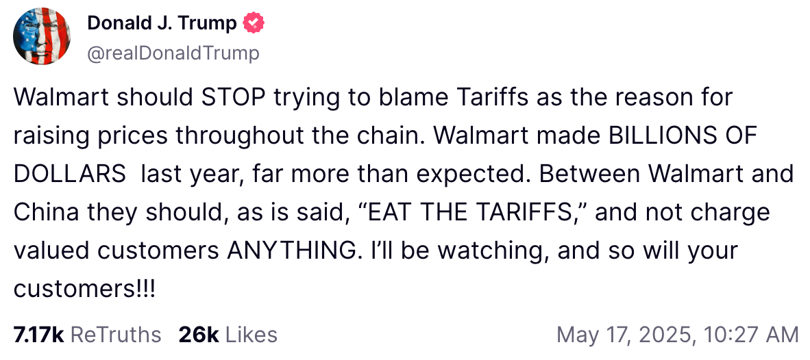 Screenshot of a social media post from Donald J. Trump criticizing Walmart for price hikes, suggesting they absorb tariff costs instead of passing them to consumers