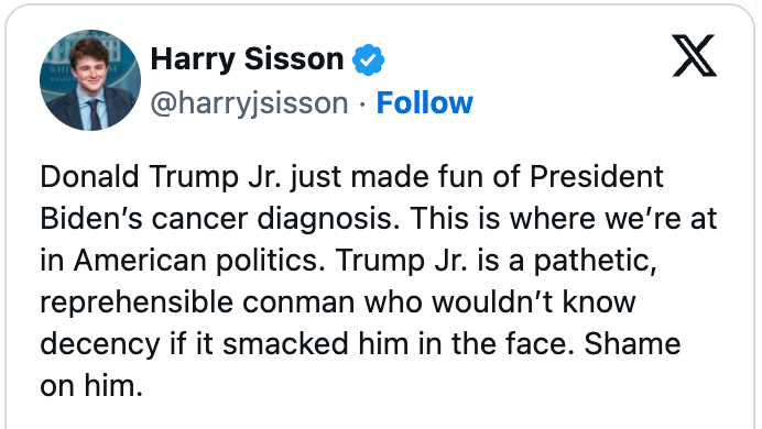Tweet criticizing Donald Trump Jr. for mocking President Biden's cancer diagnosis, calling him a pathetic and indecent conman