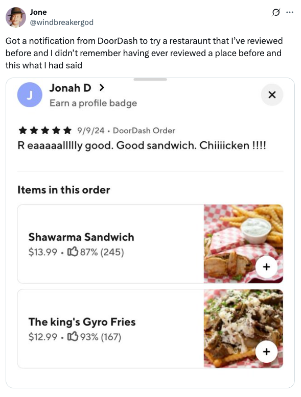Tweet shows someone surprised by a DoorDash notification, claiming they previously reviewed a restaurant