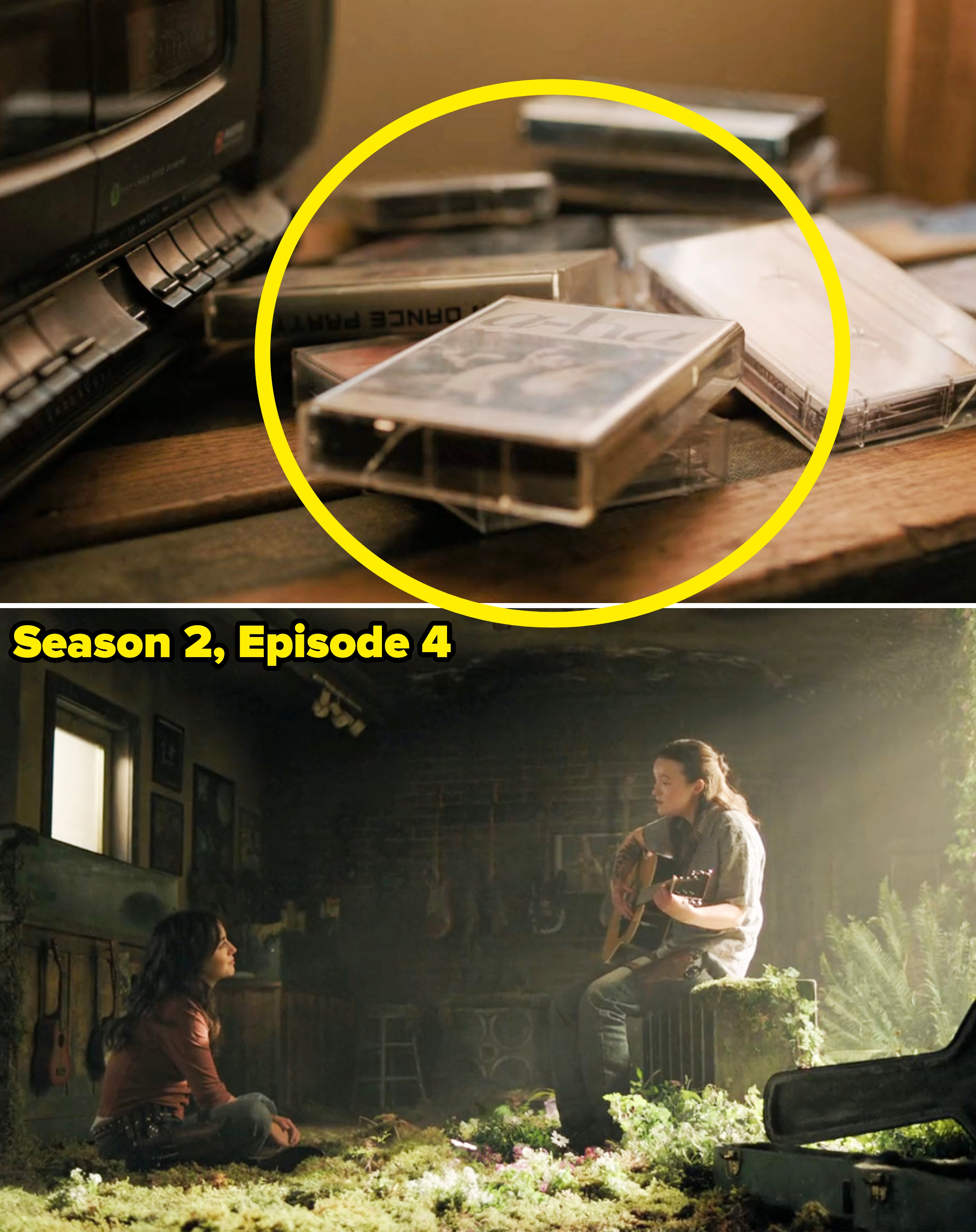 Close-up of a A-ha cassette tape vs. Ellie playing the guitar for Dina
