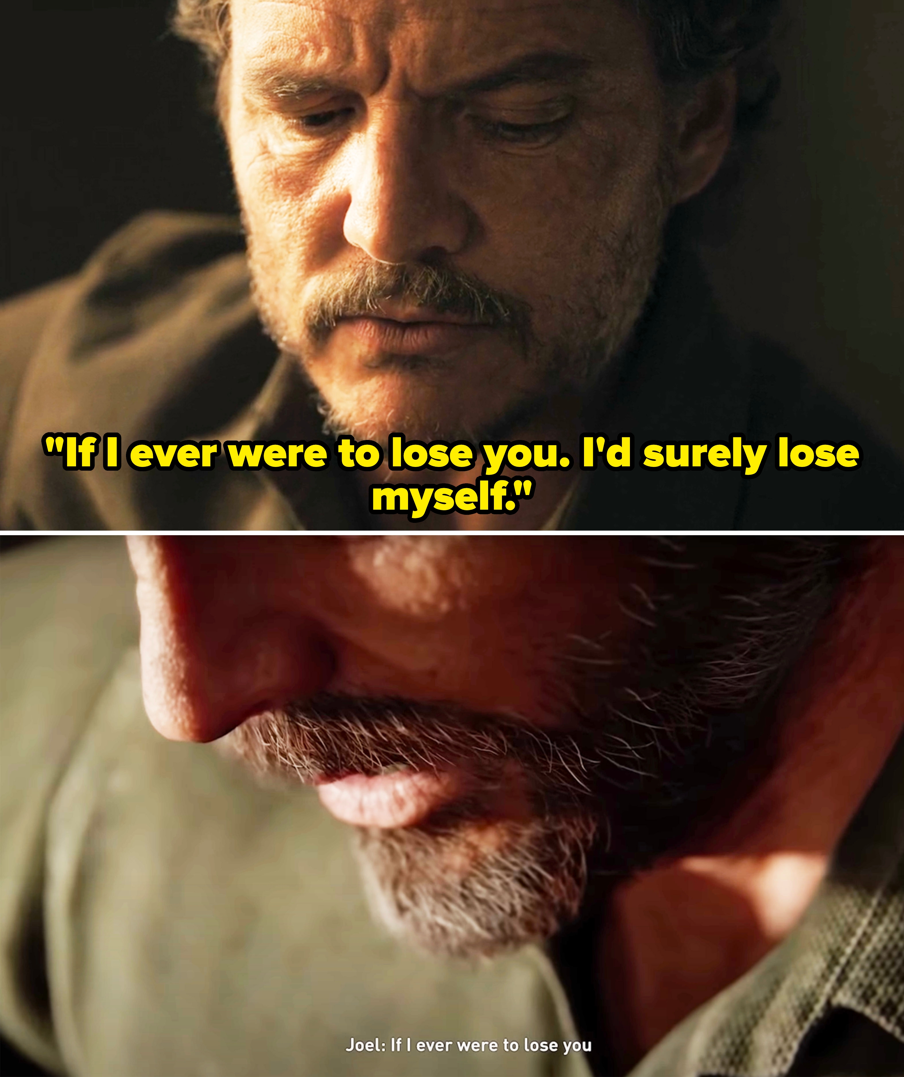 Close-up of Joel's face singing "If I ever were to lose you" in the show vs. game