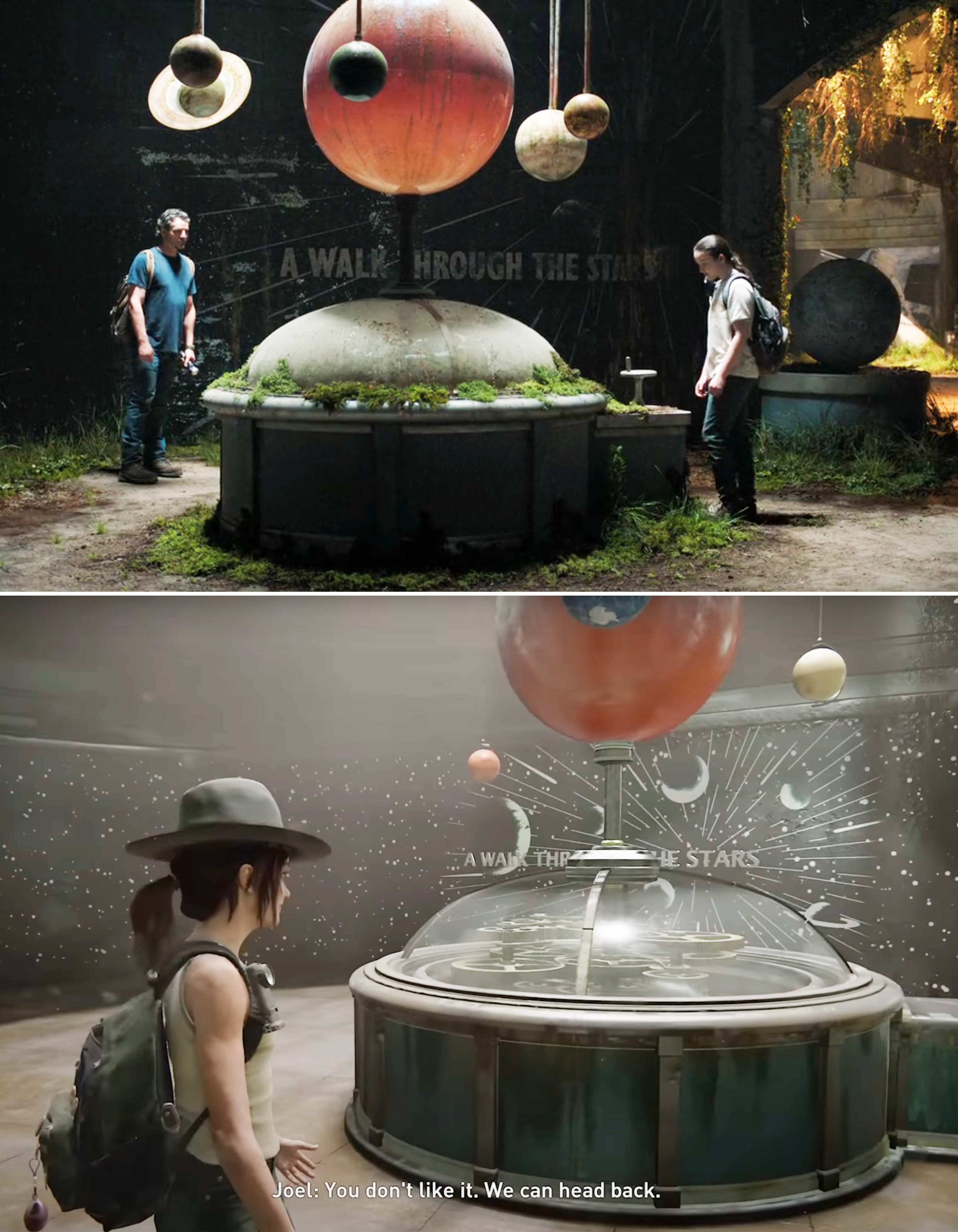 Ellie and Joel looking at a model of the planets in the show vs. game