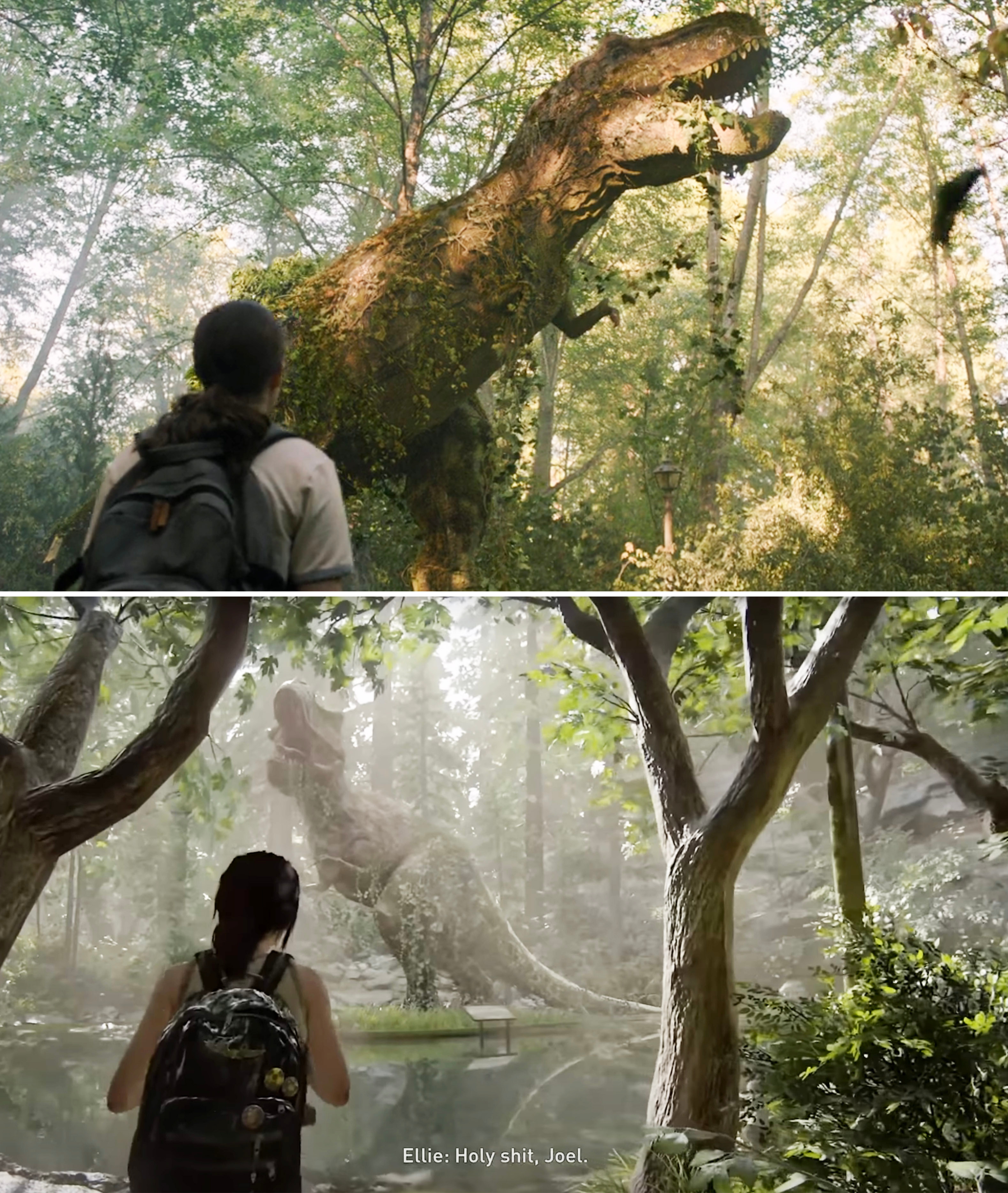 Ellie looking up at a dinosaur statue in the show vs. game