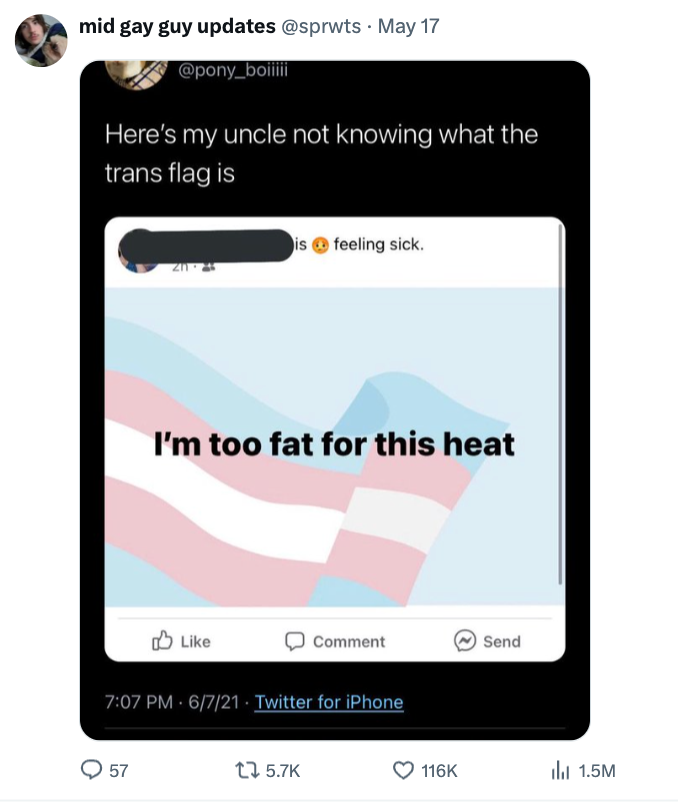 Tweet with a screenshot of a post about being too fat for the heat, overlaid on a trans pride flag