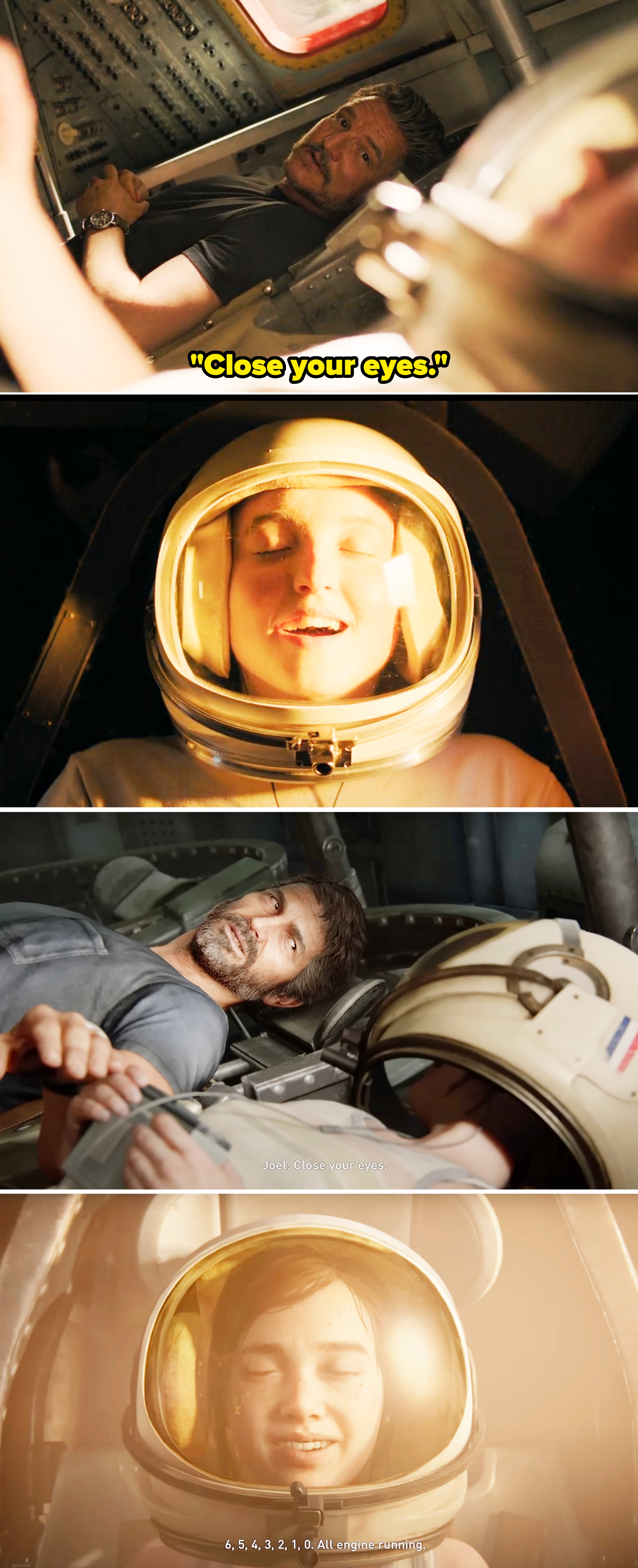 Joel telling Ellie to close her eyes as she envisions space in the show vs. game