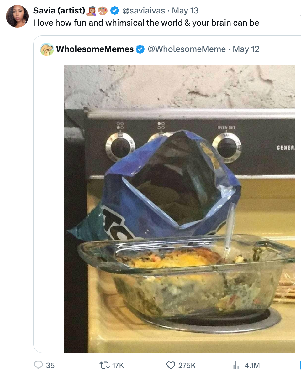 A bag of chips is humorously placed inside a glass dish in an oven, suggesting a playful approach to using an oven as snack storage